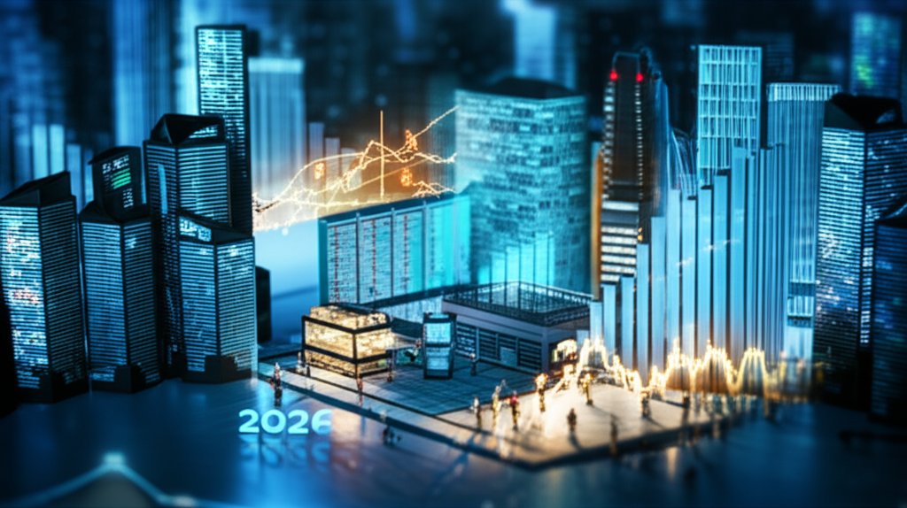 2026년 한국 반도체 슈퍼사이클과 글로벌 ETF 거래량 폭증을 나타내는 미니어처 디오라마 스타일, 틸트시프트 효과