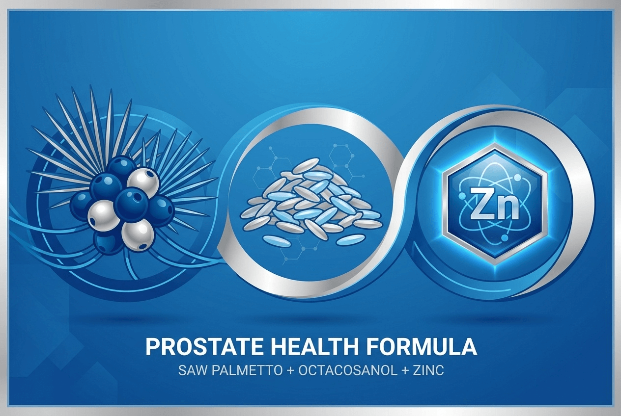 쏘팔메토 열매, 곡물에서 유래한 옥타코사놀, 아연 아이콘이 나란히 있는 인포그래픽 이미지