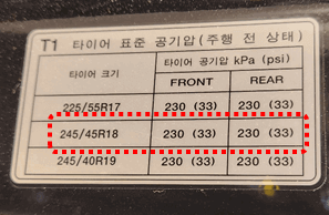 타이어 표준 공기압 표지판 확대 사진