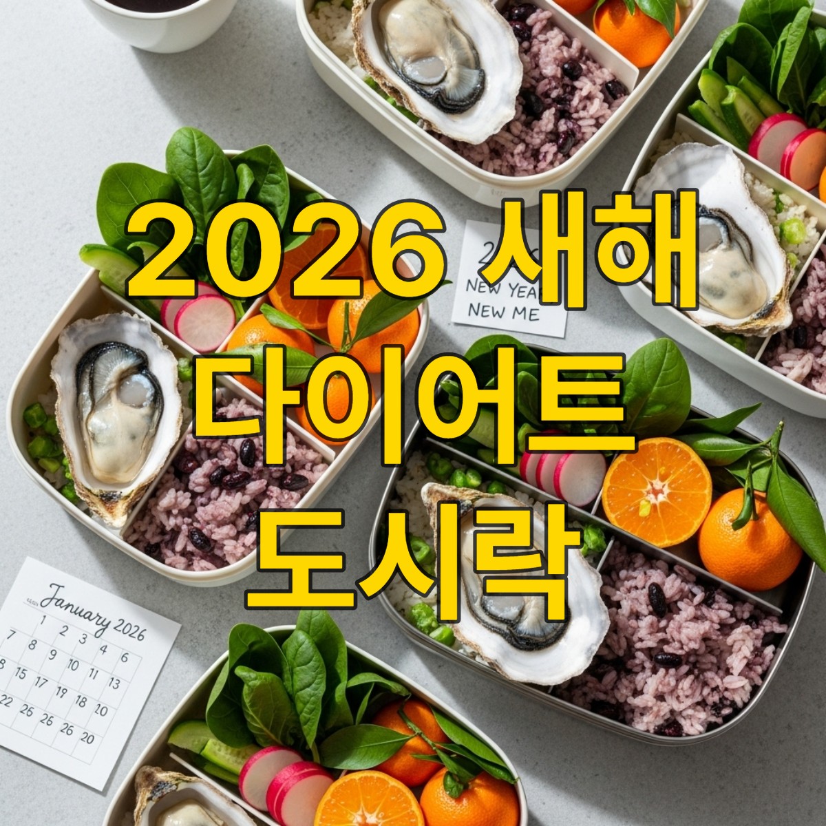 2026년 새해 다이어트를 위한 1월 제철 식재료(굴, 시금치, 무, 귤)로 만든 다채롭고 건강한 저칼로리 도시락 세트.