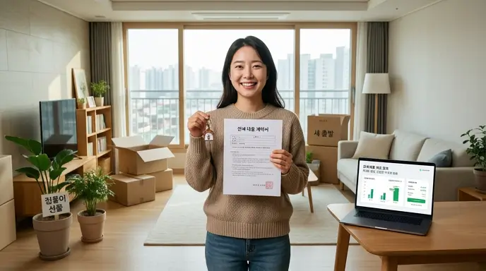 사전 가조회와 전세금 담보 대출 비교를 통해 넉넉한 한도로 안전하게 새 전셋집을 구하고 만족해하는 소비자의 모습