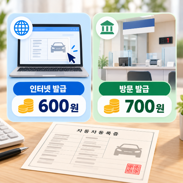 자동차등록증 재발급 인터넷 신청 수수료 600원과 기본 수수료 700원을 비교한 이미지