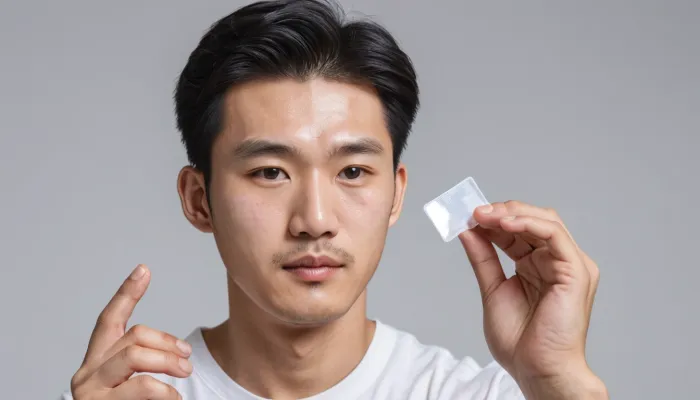 여드름 패치를 손에 들고 사용 준비하는 남성의 모습
