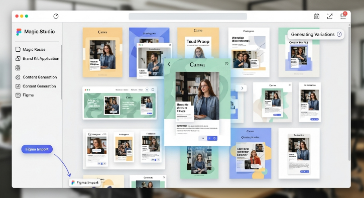 캔바 인터페이스에서 피그마에서 완성된 디자인을 바탕으로 다양한 마케팅 콘텐츠(SNS 포스팅, 배너 등)가 'Magic Studio' 기능을 활용해 빠르게 제작되고 배포되는 모습.