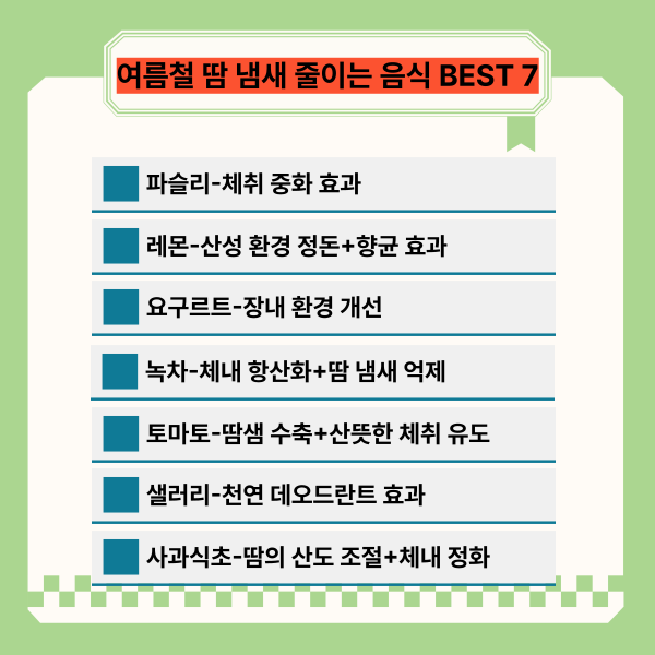 여름철 땀 냄새 줄이는 음식 BEST 7 – 체취 걱정 줄이는 건강한 식단!