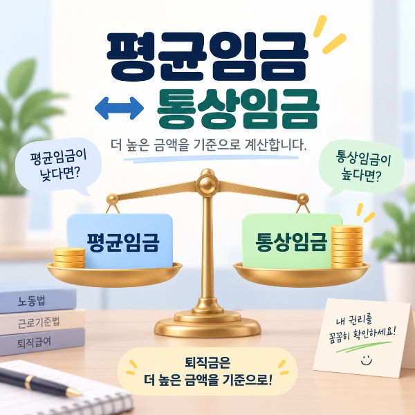 퇴직금 계산 시 평균임금과 통상임금을 비교하는 이미지
