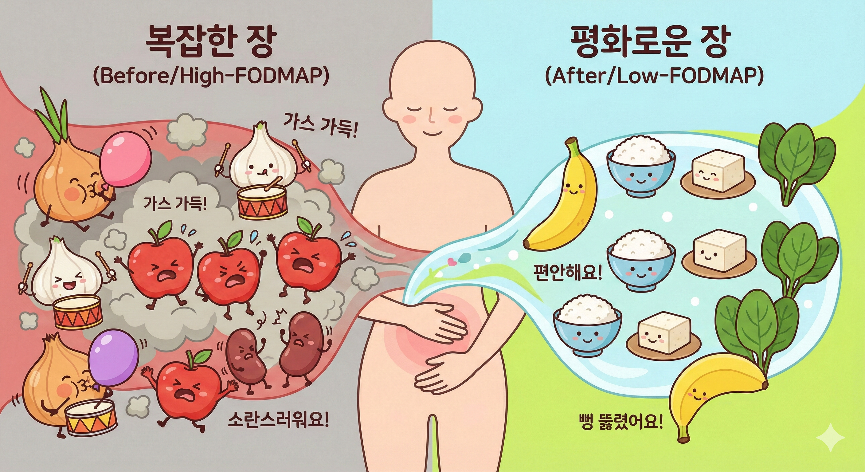 복잡하고 고통스러운 장 환경이 저포드맵 식단을 통해 평화롭고 정돈된 상태로 변화하는 과정이미지