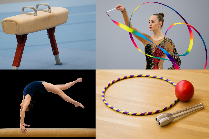 기계체조와 리듬체조 장비와 동작 예시 콜라주