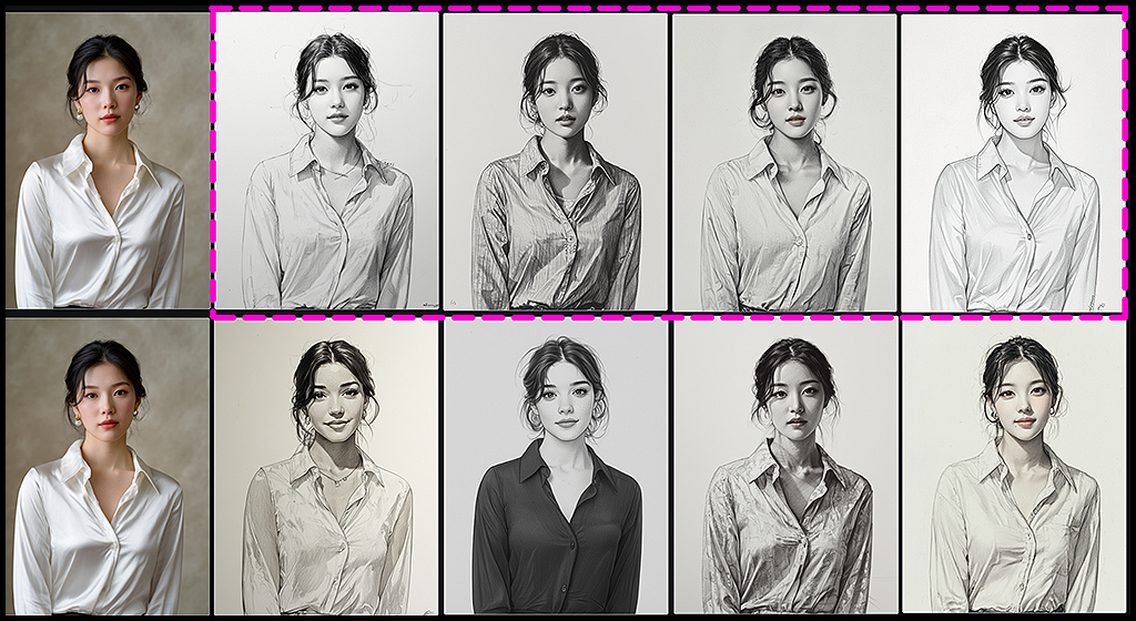인물 Retexture｜원본 vs 스케치 스타일 변환 비교｜Created with Midjourney