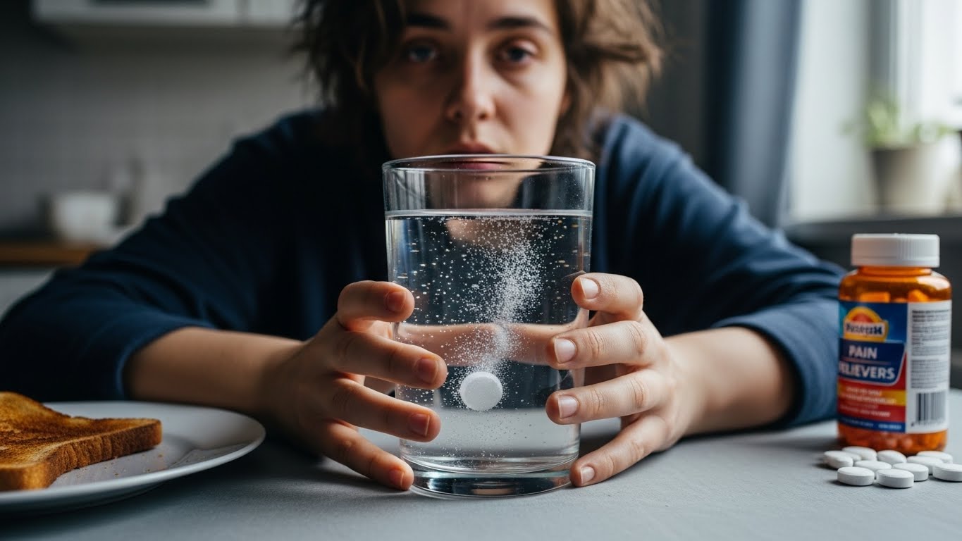 숙취해소제와 함께 큰 컵의 물을 마시고 있는 모습