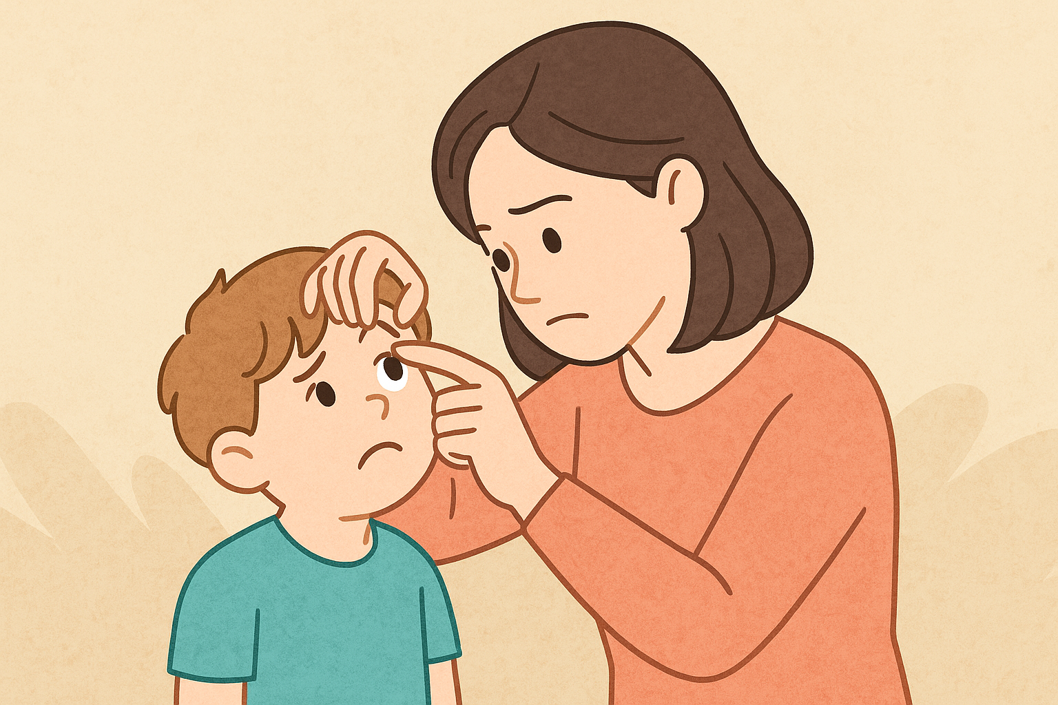 아이의 눈에 이물질이 들어갔을 때, 엄마가 눈꺼풀을 조심스럽게 들춰 확인하는 모습