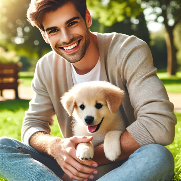 푸른 잔디밭에서 강아지와 즐겁게 노는 젊은 남성의 따뜻한 초고해상도 사진