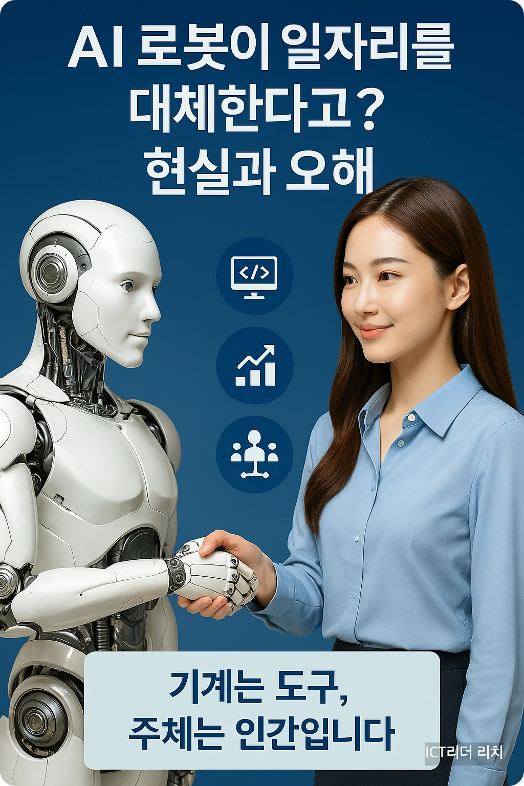 AI 로봇과 악수하는 20대 여성의 협업 장면 인포그래픽