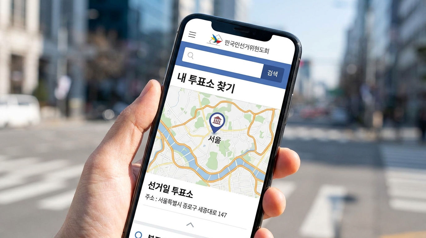 스마트폰으로 본인의 지정 투표소 위치를 확인하는 유권자