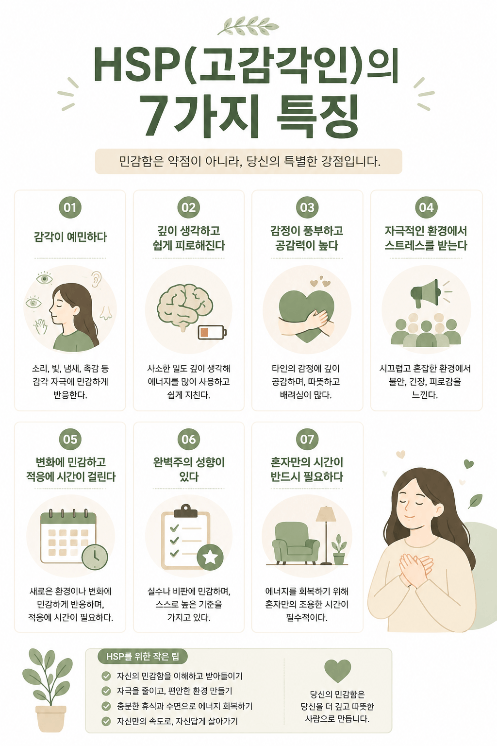 HSP 매우 민감한 사람의 대표적 특징 7가지를 정리한 체크리스트 인포그래픽