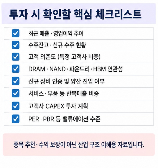 반도체 장비주 투자 전 실적 수주잔고 고객 의존도 CAPEX 장비 인증 밸류에이션을 확인하는 체크리스트 이미지