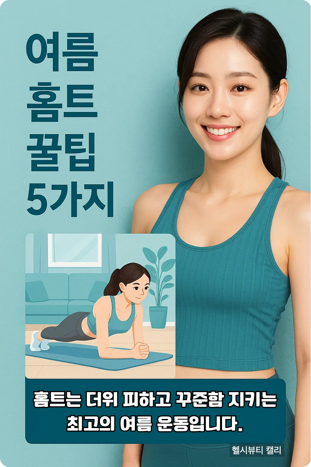 여름 홈트 꿀팁 5가지를 안내하는 여성 인포그래픽 이미지