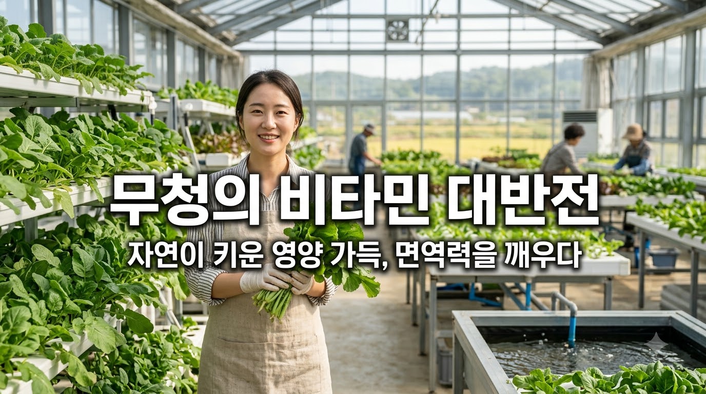 싱그러운 밭에서 수확한 싱싱한 무와 풍성하게 자란 무청을 함께 들어 올린 농부의 모습