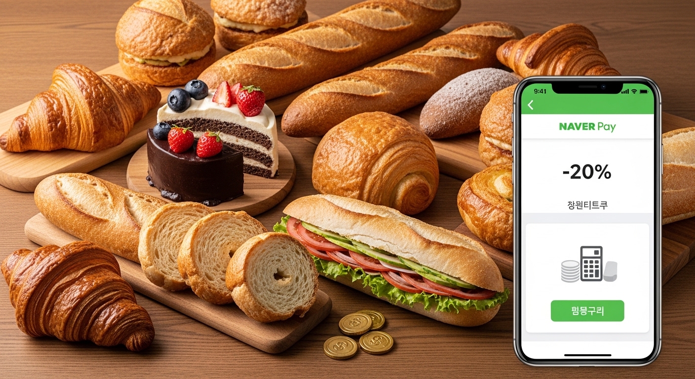 다양한 파리바게트 빵과 케이크가 놓인 나무 테이블 위, 네이버페이 할인 혜택을 연상시키는 스마트폰과 할인율이 표시된 계산기가 함께 있는 모습.