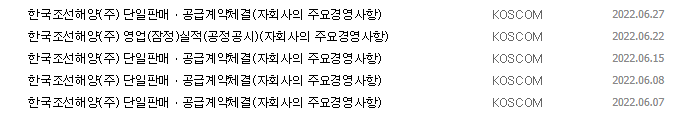 한국조선해양 중요 공시 목록