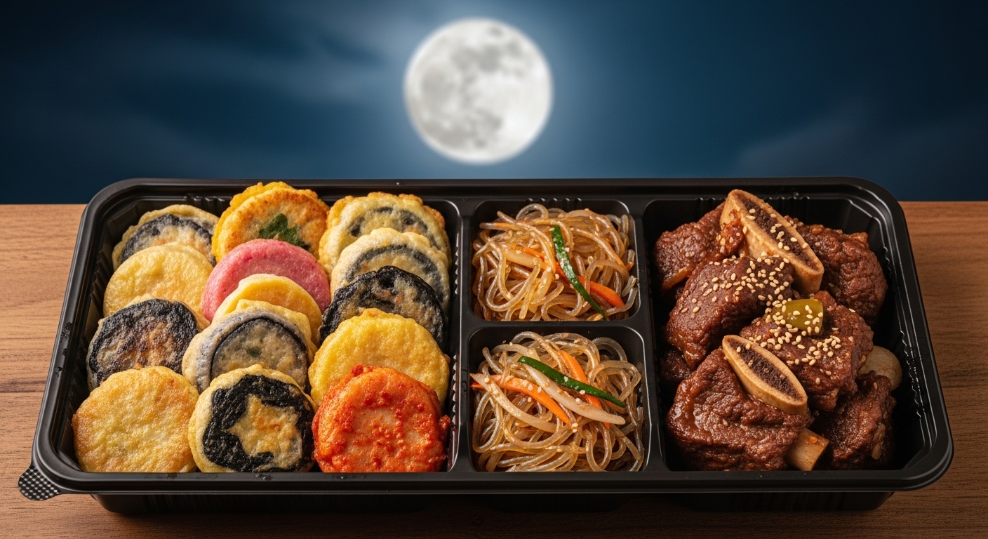 Warm image of Jeon, Japchae, and Galbijjim neatly arranged in a convenience store bento box, with a full moon in the background.