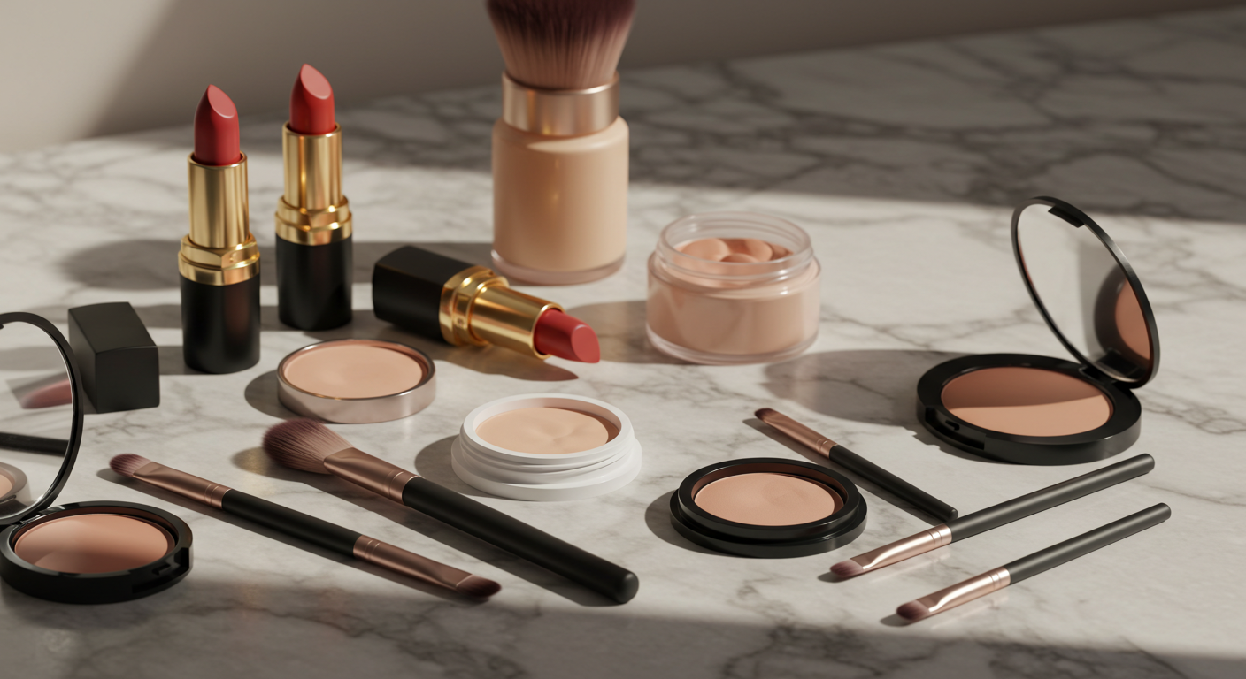 난색&middot;한색 메이크업 공식을 설명하는 글의 대표 이미지로, 대리석 배경 위에 립스틱과 블러셔, 브러시 등이 고급스럽게 배치된 장면입니다.