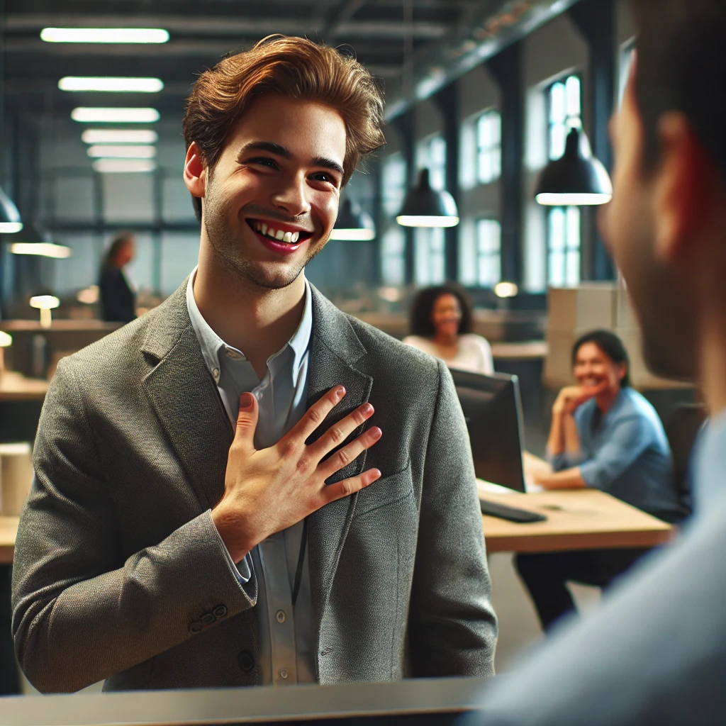 사무실에서 동료에게 칭찬하는 모습