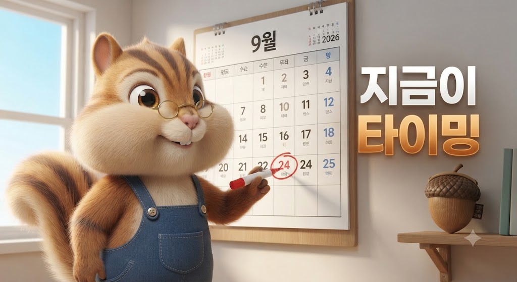 추석 사전예약 시기를 달력에서 확인하는 다람쥐 캐릭터