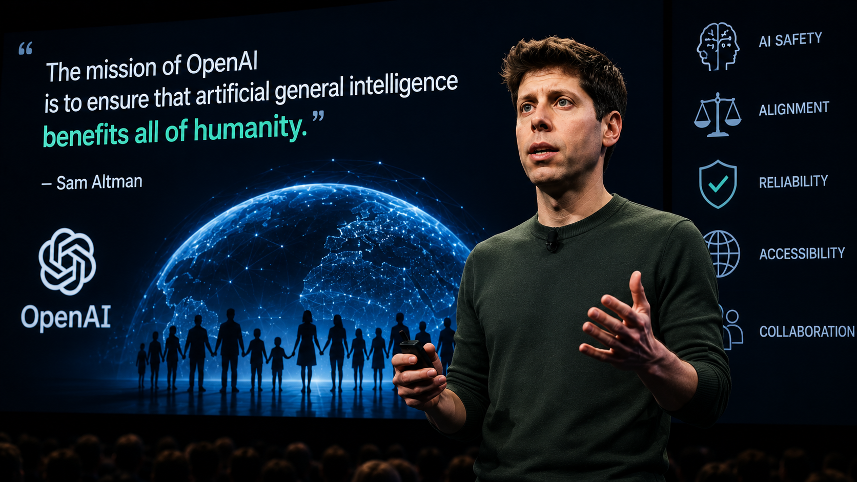 Sam Altman presenting the future of AI and its impact on humanity at a technology conference