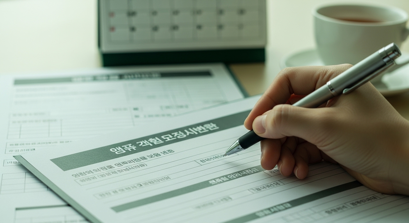 소아암 치료비 지원 신청서를 꼼꼼하게 작성하는 손과 관련 서류들