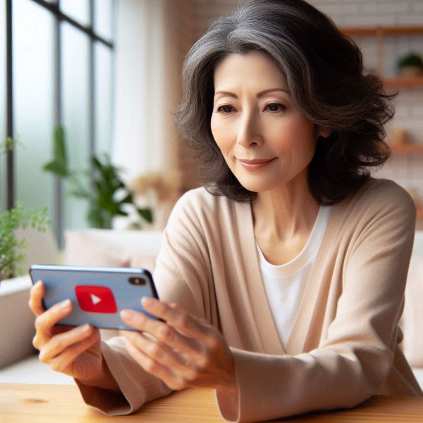 중년 여성이 스마트폰으로 유투브를 보고 있다.