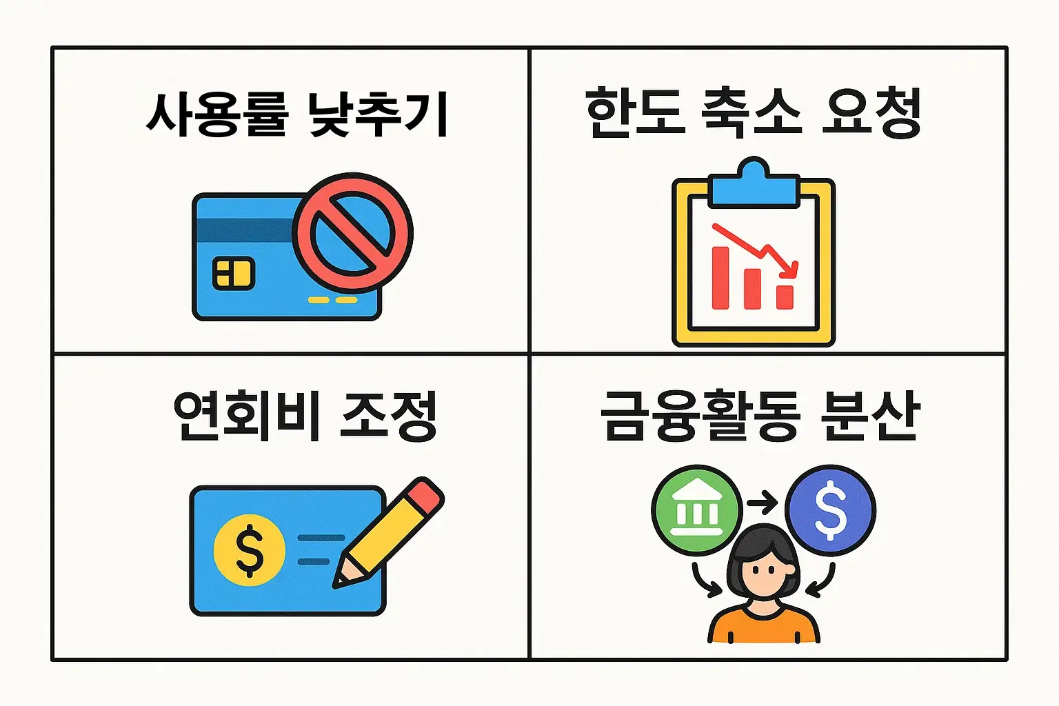 카드 사용률 낮추기, 한도 축소 요청, 연회비 조정, 금융활동 분산 등 신용카드 해지 대신 선택할 수 있는 대안 전략을 제시한 인포그래픽