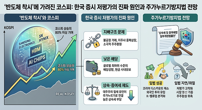 '반도체 착시'에 가려진 코스피…한국 증시 저평가의 진짜 원인과 주가누르기방지법 전망 에 대한 이미지 입니다.