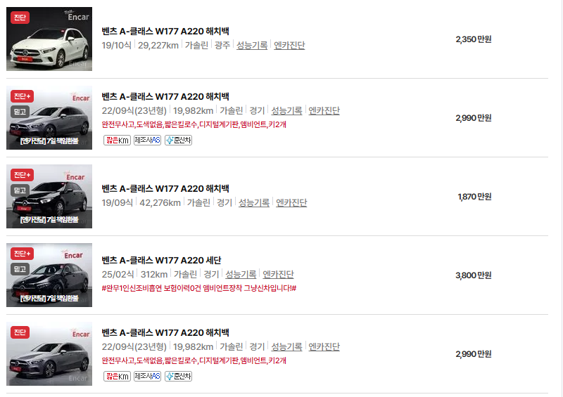 벤츠 a 클래스 중고차 가격 시세표 유지비