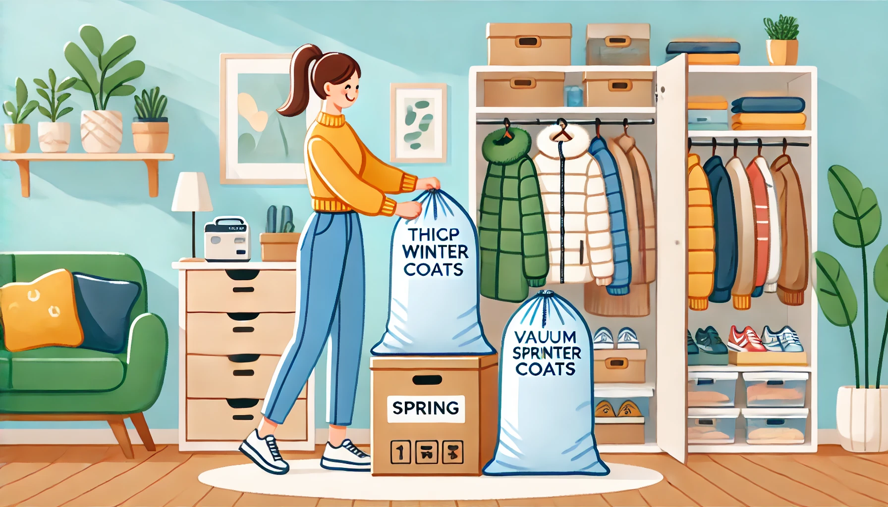 겨울옷을 진공팩에 보관하고 봄옷을 정리하는 모습