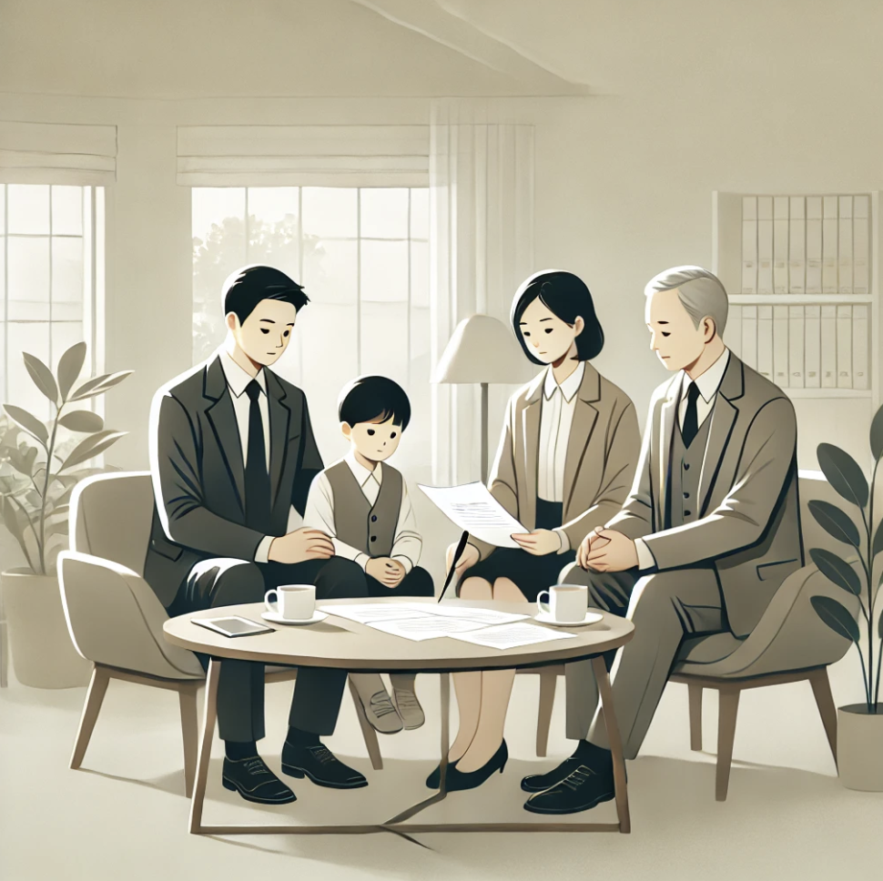 가족과 함께 상속 절차 논의하는 장면