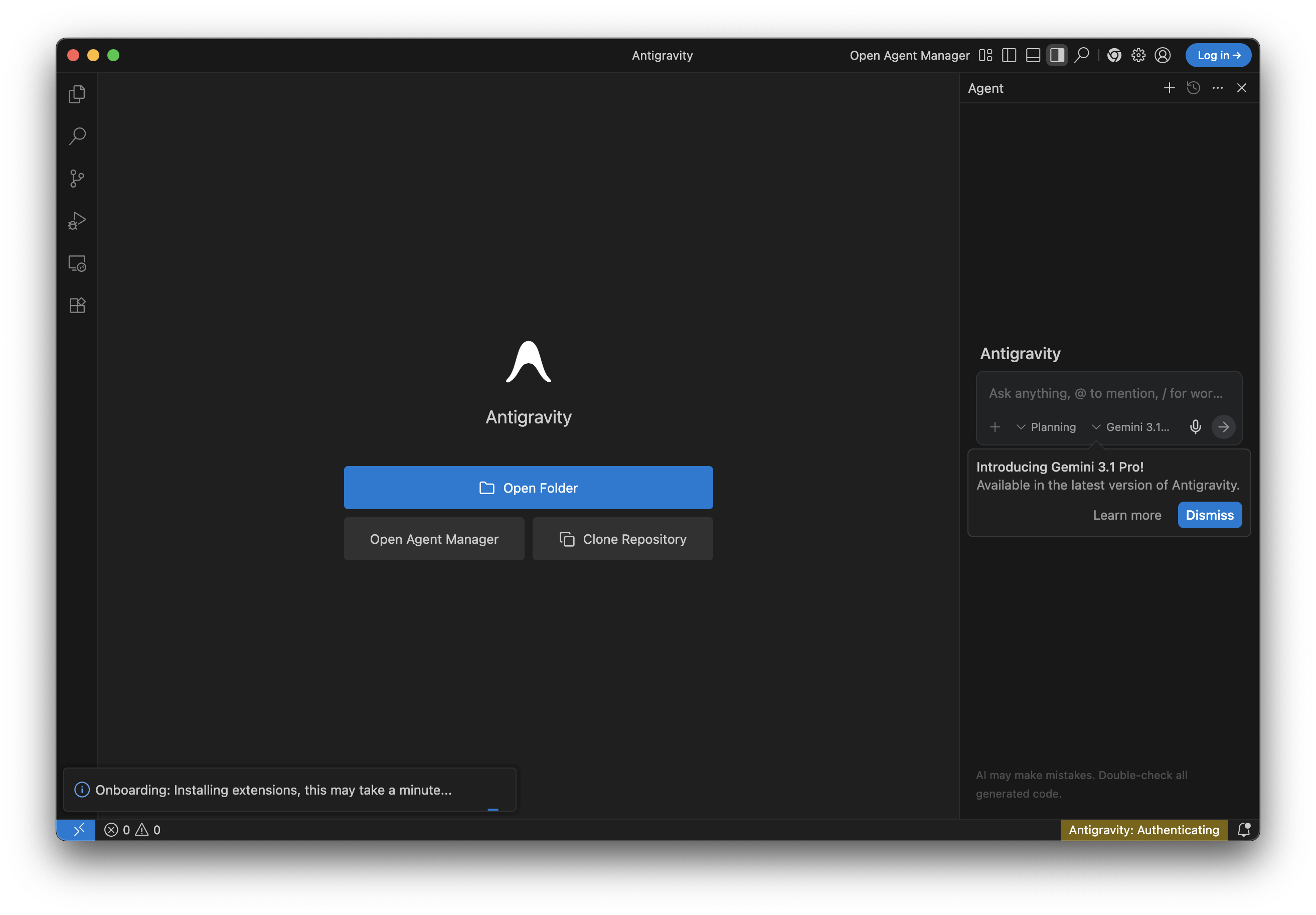 Antigravity 메인 화면 - Open Folder, Open Agent Manager, Clone Repository