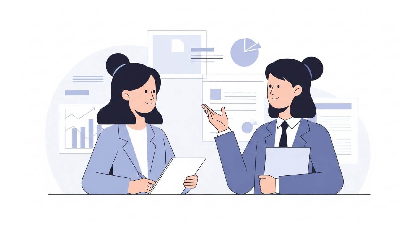 질문자와 답변자가 서류를 놓고 대화를 나누는 장면 3