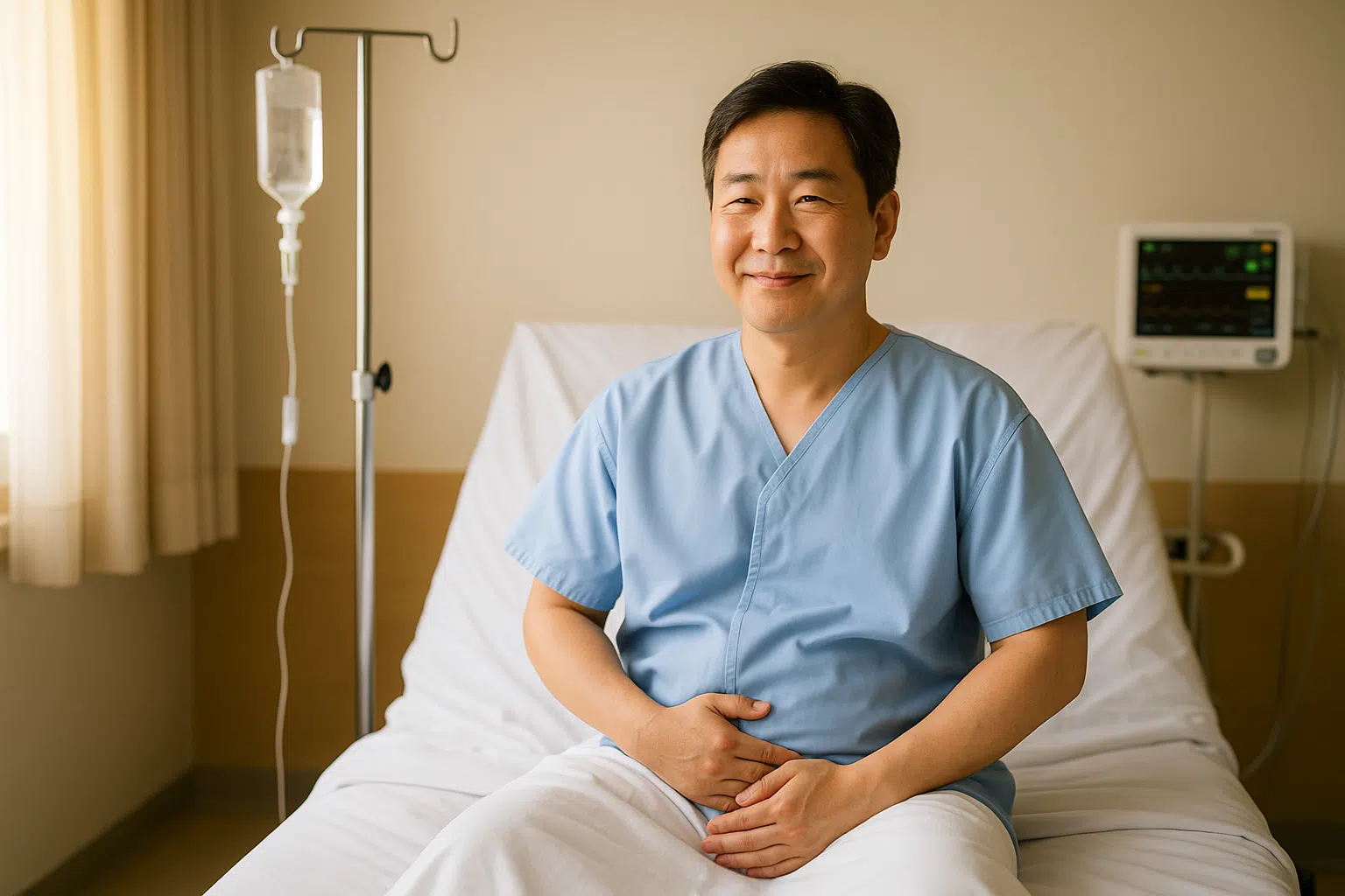 전립선 수술 후 병원 침대에 앉아 회복 중인 중년 남성