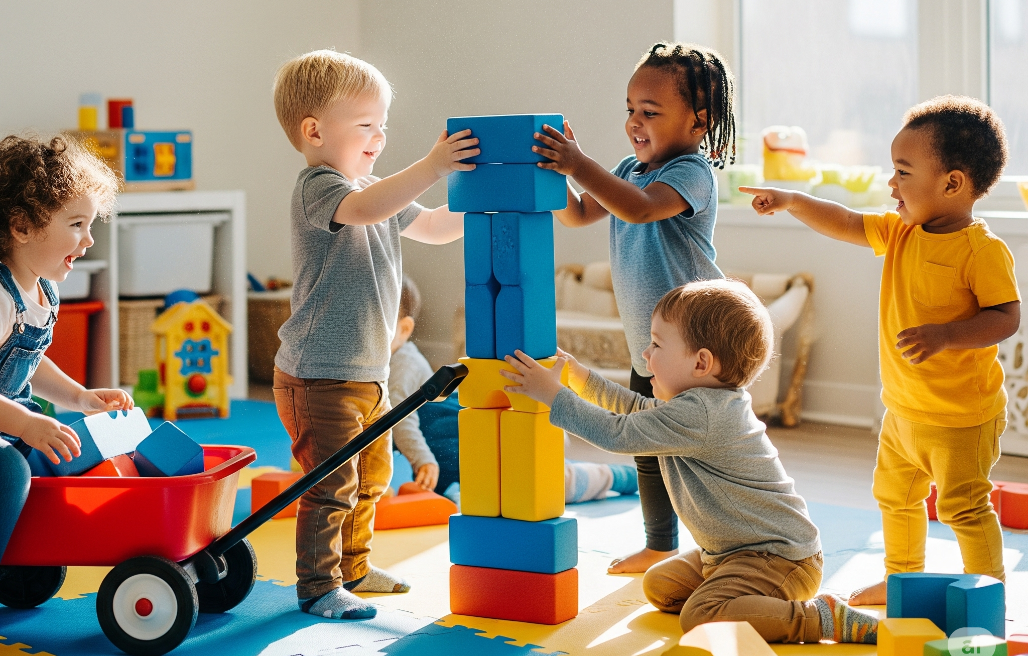 협동심을 기르는 놀이를 하고 있는 유아들 사진