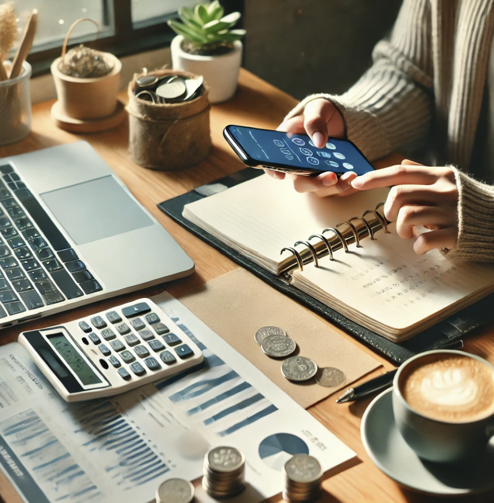 가계부와 앱을 활용해 월급 관리를 하는 젊은 직장인