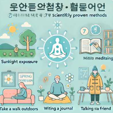 햇빛 쬐기, 명상, 산책, 감정일기, 사회적 교류 등 봄 우울증 극복을 위한 7가지 실천법을 담은 인포그래픽 썸네일 이미지