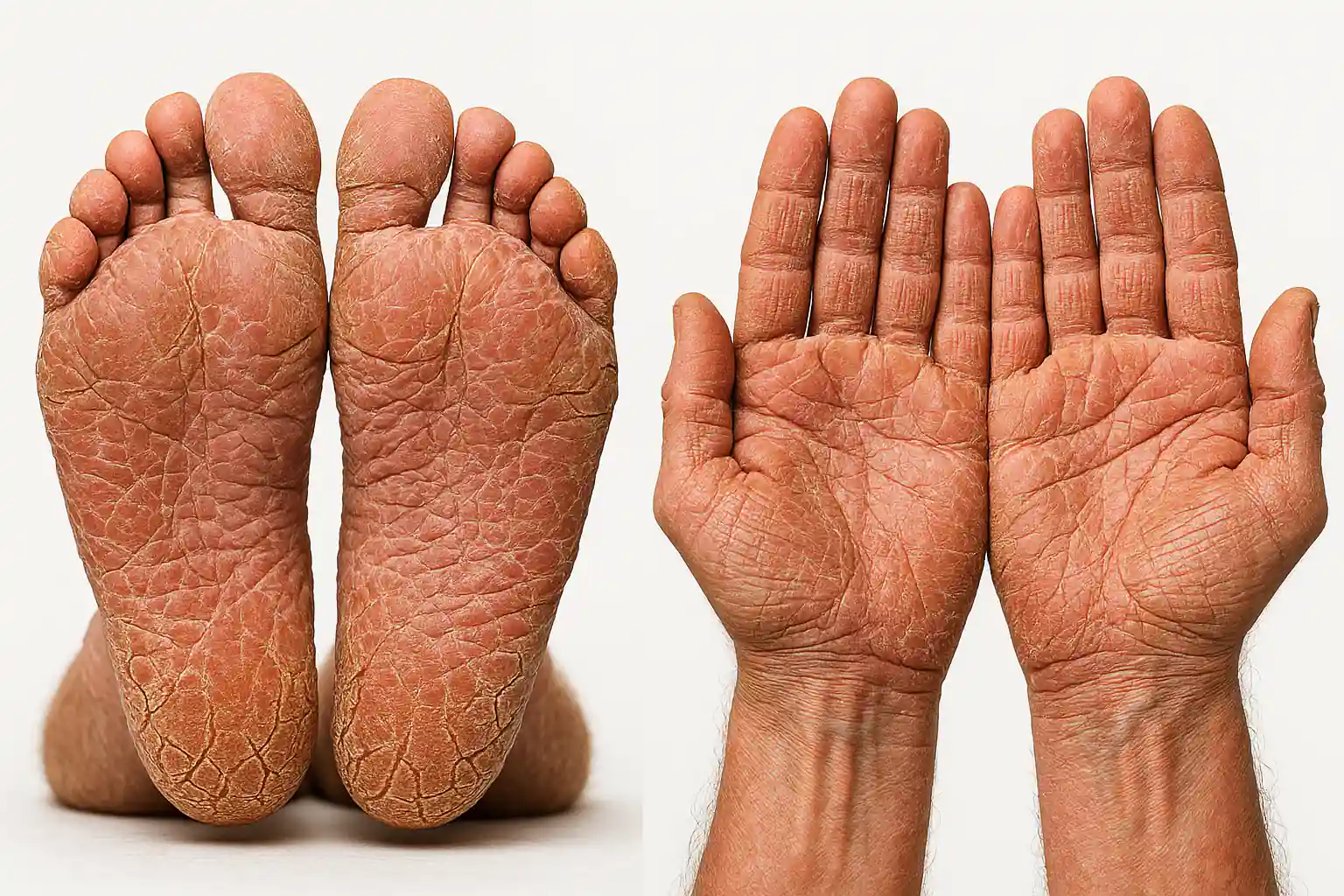 발바닥과 손바닥 피부가 거칠고 두껍게 갈라진 모습, 붉은 각질과 건조함 강조