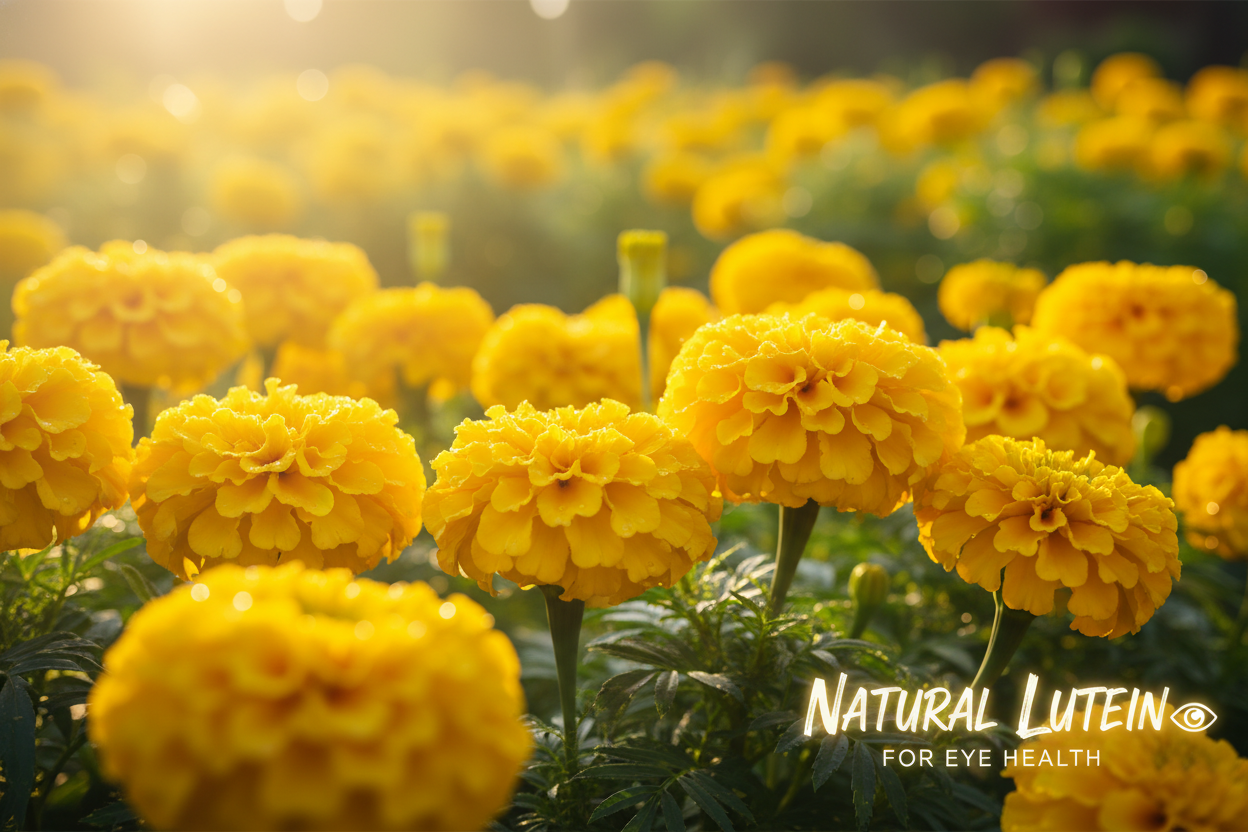 햇살이 비치는 노란 마리골드 꽃밭 전경, 자연 유래 루테인 원료와 눈 건강 컨셉을 강조한 이미지
