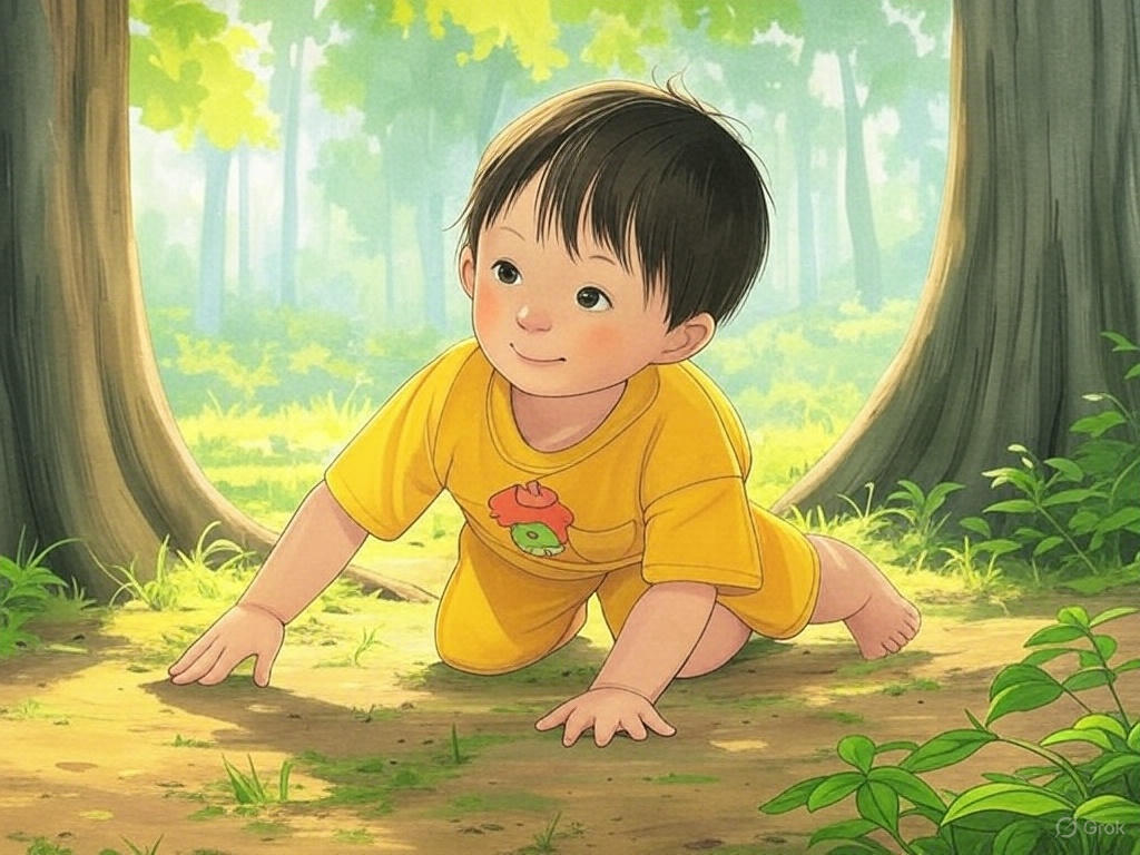 숲속에서 기어다니는 아이