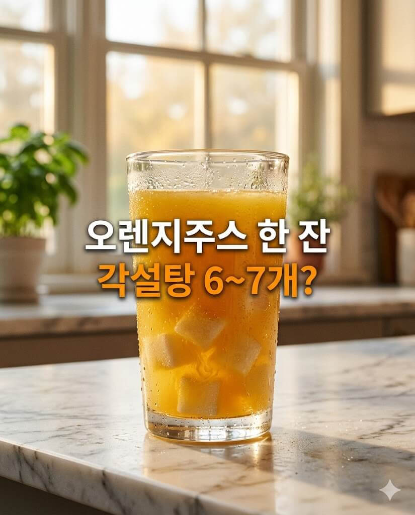 아일랜드 식탁에 놓인 한 잔의 오렌지 주스