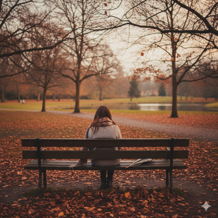 가을의 쓸쓸한 공원에서 혼자 앉아있는 사람의 뒷모습