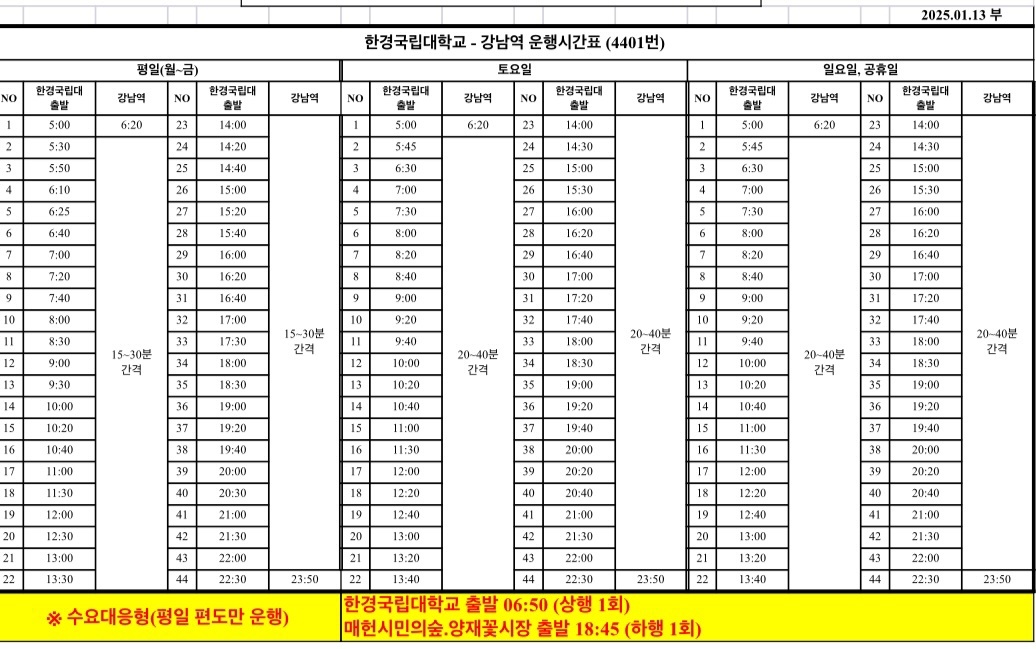 4401번(한경대-강남) 광역버스 시간표 (2025.01.13 기준)