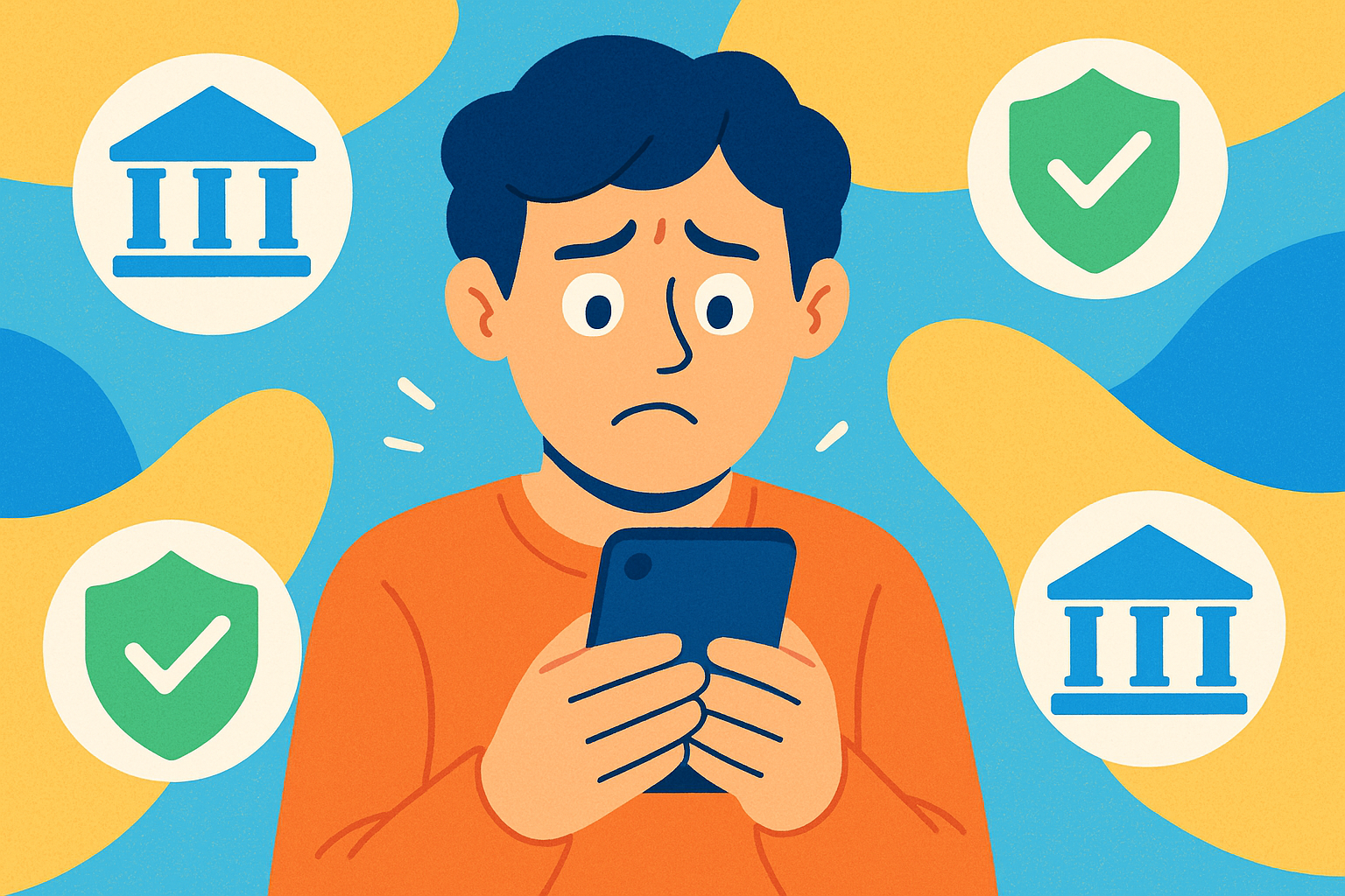 스마트폰을 확인하며 걱정하는 인물