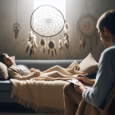 여자가 드림캐쳐와 함께 소파에 누워 꿈속에 빠져 있는 모습